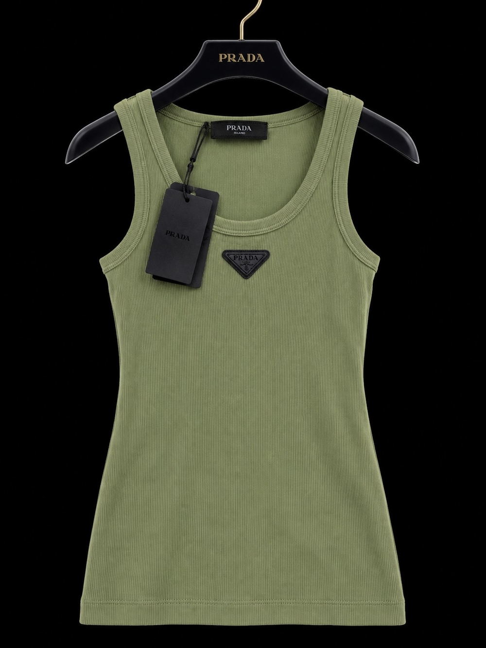 Prada Olive Ribbed Tank Top with Logo Badge